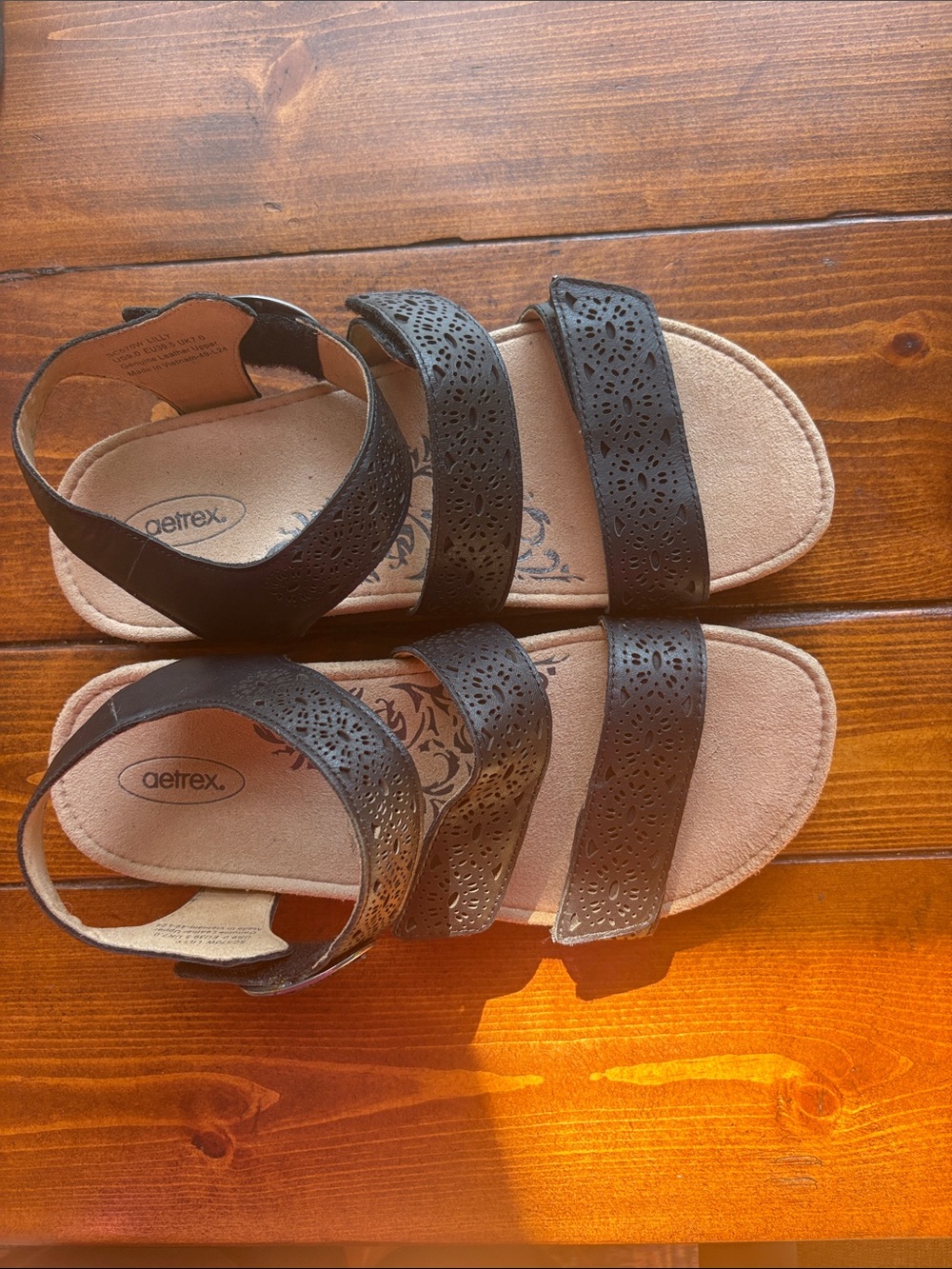 Aetrex Black Laser-Cut Triple-Strap Women's Sandals